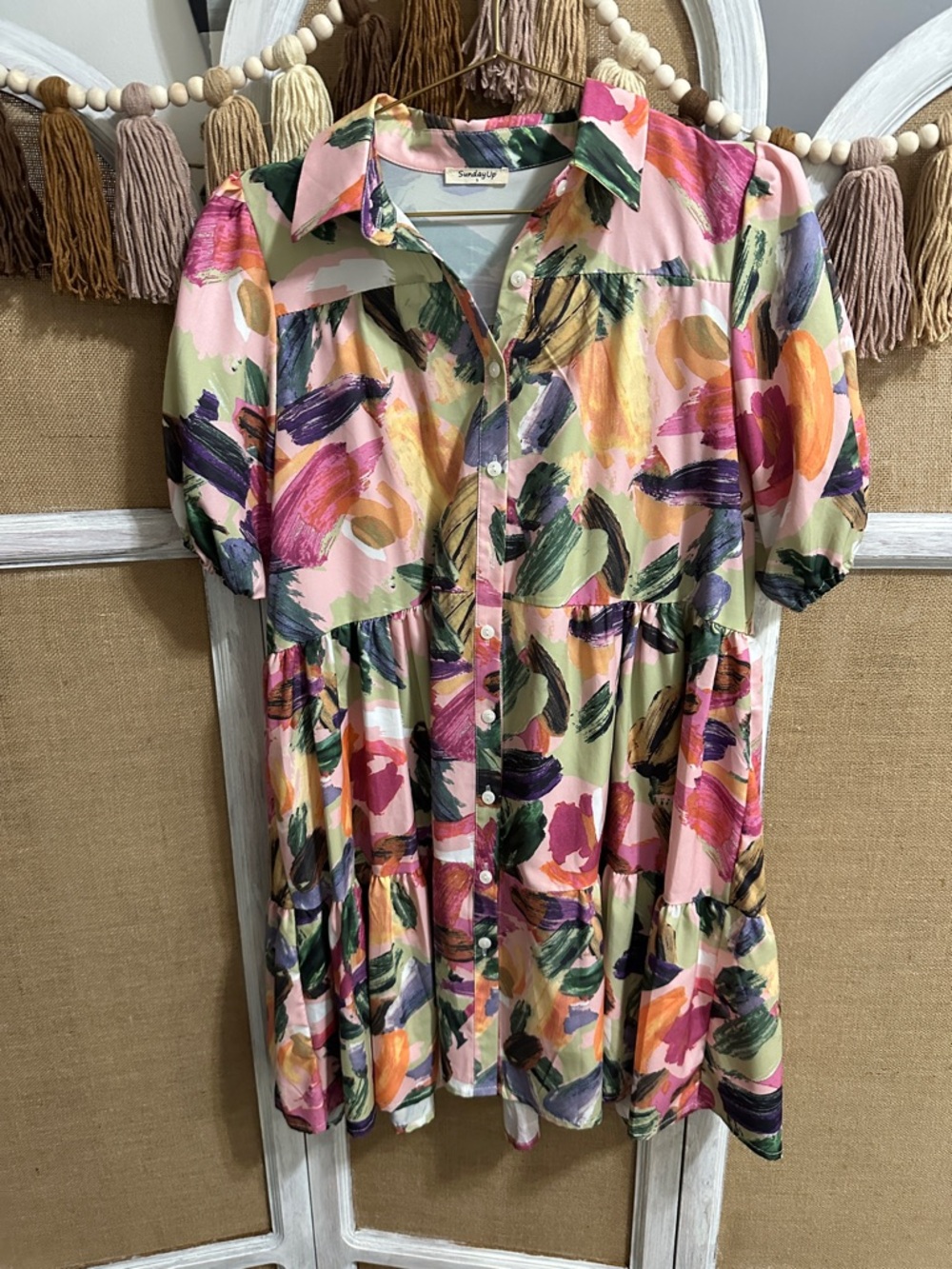 SundayUp Pink and Green Abstract Button-Front Top